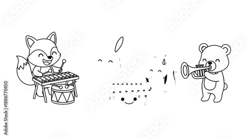Harmony of the Wild: A fox merrily plays the xylophone, while a bear enthusiastically blows a trumpet, both radiating joy in an animated black and white scene.