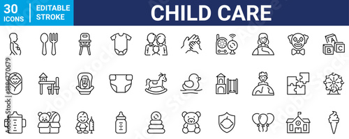 Child care web icons in line style editable stroke. Nurse, healthy eating, sleep, hygiene, crib, toys, infant, collection. Editable stroke. Vector illustration.