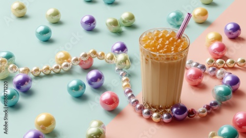 Refreshing beverage with colorful tapioca pearls surrounded by shiny decorative balls on pastel colors backdrop perfect for summer celebrations