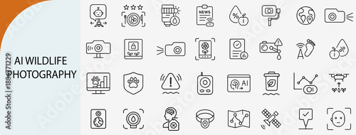 AI wildlife photography line icons set for smart camera technology