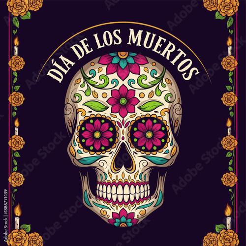Vibrantly decorated sugar skull with floral patterns and 'DÍA DE LOS MUERTOS' text, framed by marigolds and candles, celebrating the Day of the Dead.