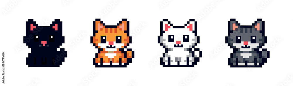 Fototapeta premium Pixel art style cats icons set: cute feline graphics collection for retro design