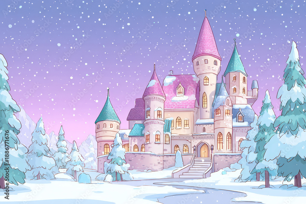 Naklejka premium Beautiful castle surrounded by snow and trees in a magical winter setting