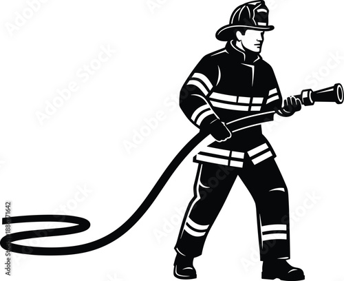 Black Silhouette of a Brave Firefighter Spraying a Water Hose, Rescue Worker in Protective Uniform Fighting Fire Vector Graphic Illustration