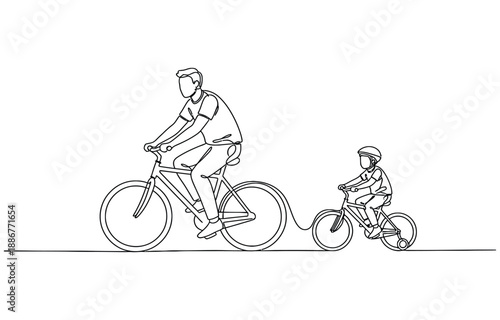 
Family cycling in continuous line art drawing style,Father with his little son riding bicycles together.