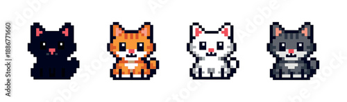 Pixel art style cats icons set: cute feline graphics collection for retro design