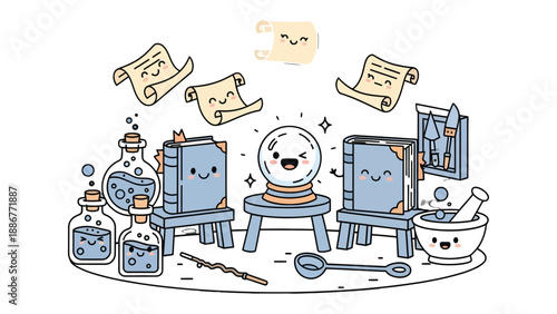 Enchanting Prophecy: An illustration showcases mystical elements, featuring smiling books, potions, scrolls, and a crystal ball. Evoking a sense of magic and discovery.