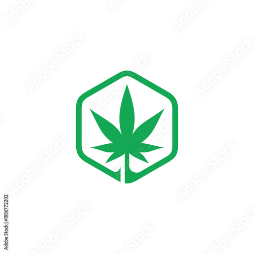 Green cannabis leaf inside a hexagonal frame, representing natural medicine and botanical health benefits