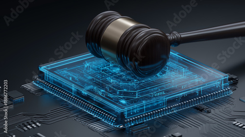 Judge Gavel on Futuristic Digital Circuit Board Representing Artificial Intelligence Regulation, Legal Technology, Digital Justice Systems, and AI Governance Concept