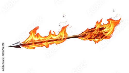 Fiery burning flaming arrow engulfed in intense flames with flying sparks dramatic passionate love cupid symbol fire arrow PNG transparent background