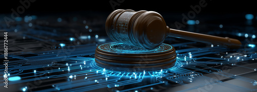 Judge Gavel on Futuristic Digital Circuit Board Representing Artificial Intelligence Regulation, Legal Technology, Digital Justice Systems, and AI Governance Concept