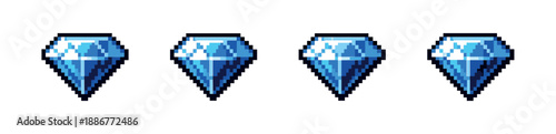 Pixel art style gemstone icons set: retro blue diamond collection