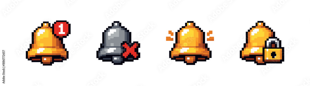 Obraz premium Notification pixel art style icons set: alert bell symbols collection