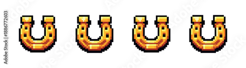Lucky charms collection: pixel art style icons set featuring gold horseshoes
