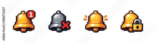Notification pixel art style icons set: alert bell symbols collection