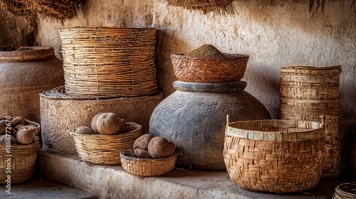 Wallpaper Mural Rustic scene of storage vessels baskets and pottery holding organic materials in an aged setting Torontodigital.ca