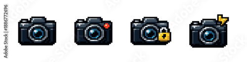 Pixel art style camera icons set: retro, collection of photography symbols
