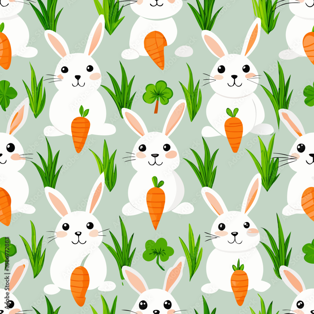 Fototapeta premium White rabbits holding carrots in a seamless vector pattern for Easter 