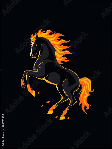 Flat vector graphic of a powerful horse with intense flames erupting on black background
