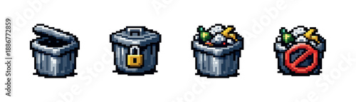 Pixel art style icons set: trash bins collection with unique elements