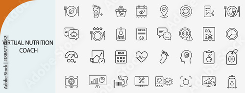 Virtual nutrition coach line icons set for healthy diet planning