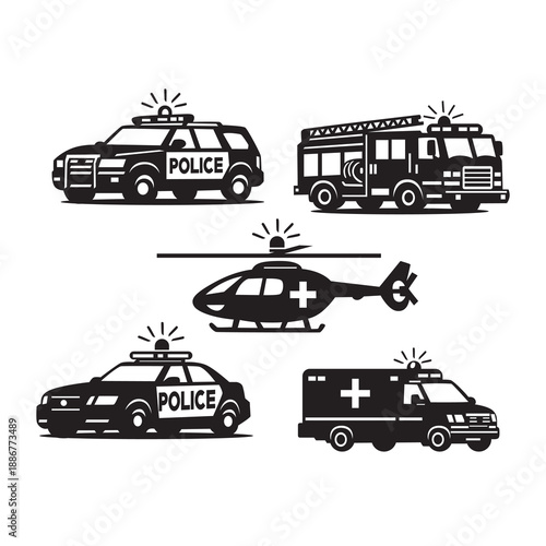 Emergency Service Vehicles Silhouette Icon Set