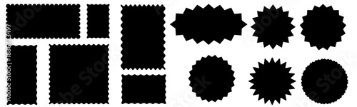 Black scalloped frames set. black  Geometric shapes stickers with zigzag wavy edge.  Vector illustration
