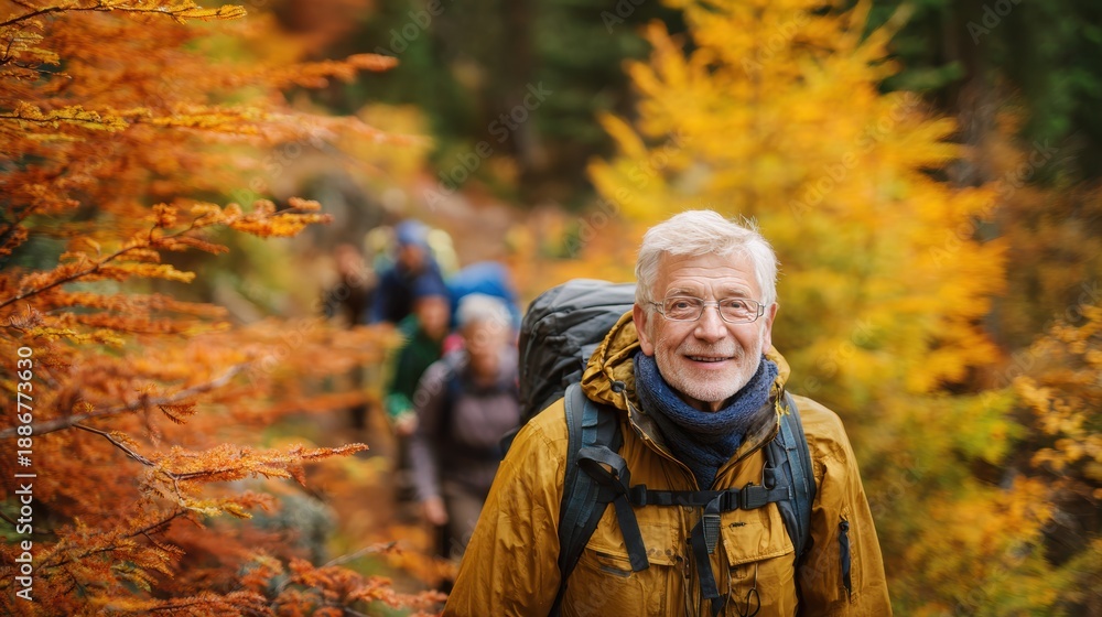 Fototapeta premium Explore adventure outdoor in National Park. A man in a yellow jacket and blue scarf walking through a forest, carrying a backpack and wearing glasses.