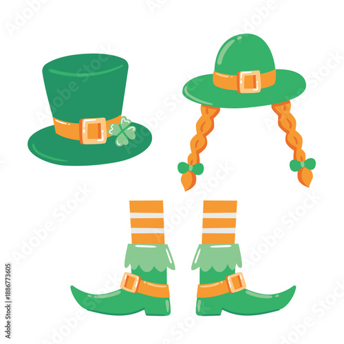 Set of Saint Patricks Day accessories with hats and shoes. Cute illustration for kids designs, party decor, greeting cards and festive projects.