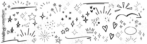 Brush star doodle set. Hand drawn crayon and chalk stars, sparkles, and twinkle elements. Vector illustration