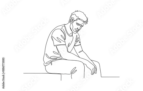 Continuous line drawing sad man alone concept, Continuous one line drawing of sad man.