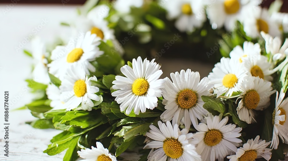 Obraz premium Fresh daisy flowers in circular arrangement, highlighting white petals and yellow centers with natural light.