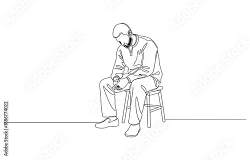 Continuous line drawing sad man alone concept, Continuous one line drawing of sad man.