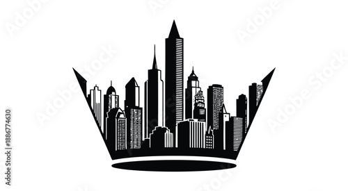 urban crown city skyline silhouette vector illustrating royal power leadership and dominance through modern skyscraper architecture and city identity.