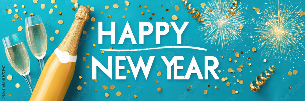Fototapeta premium Festive New Year celebration with champagne, glasses, and fireworks confetti decorations