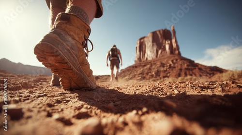 Explore adventure outdoor in National Park. A person walking on a dirt road in the desert, wearing hiking boots and a backpack. The ground is covered with stones.
