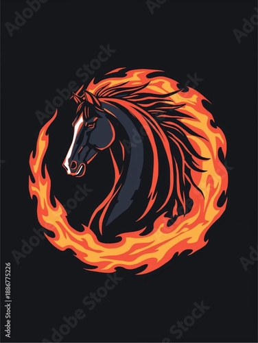 Flat vector graphic of a powerful horse with intense flames erupting on black background