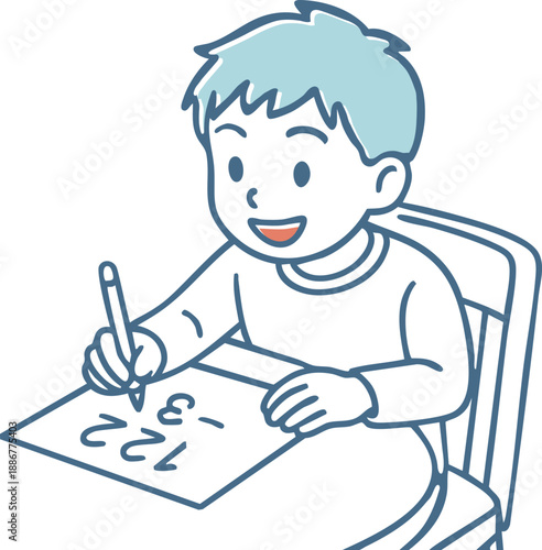 机に向かって算数の勉強（宿題）をする笑顔の男の子のイラスト（学習・家庭学習・教育・小学生）