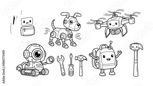 Robot World and Their Tools: A whimsical illustration showcases a collection of adorable robots with their tools.