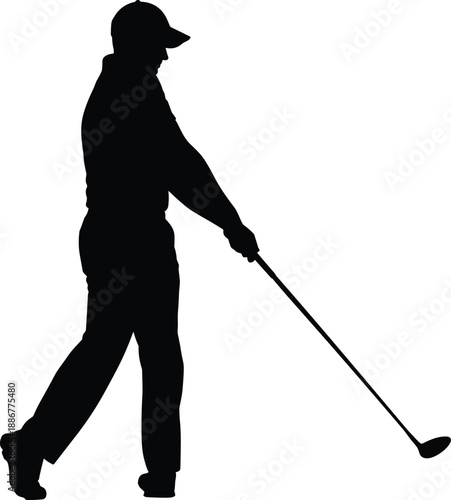 Black Silhouette of a Male Golfer Completing a Swing, Sport Figure with Golf Club in Action Pose Vector Graphic Design