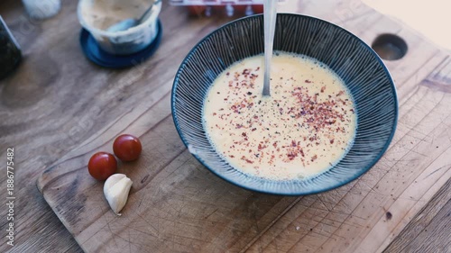 A close-up shot of creamy soup being poured into a bowl, garnished with flavorful ingredients 