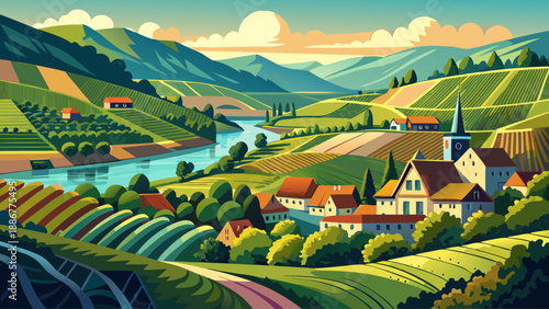 Very beautiful vineyard landscape along the Moselle River in Wormeldange, featuring rolling hills, neat grape rows, and tranquil countryside scenery of rural Luxembourg.