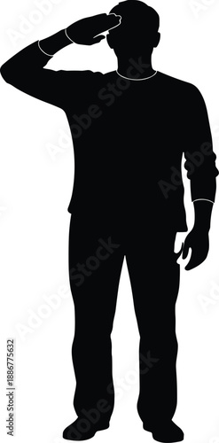 Black Silhouette of a Man Saluting, Male Figure in Casual Clothing Standing and Giving a Military Salute Vector Graphic Design
