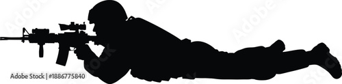 Black Silhouette of a Soldier Lying Down and Aiming a Sniper Rifle, Military Marksman in Prone Shooting Position Vector Art