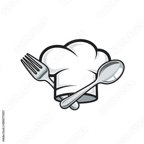 A stylized illustration of a chef's hat with a fork and spoon crossed in front.