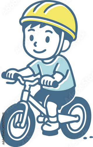 ヘルメットを被って自転車（キックバイク）に乗る子供のイラストセット（交通安全・外遊び・運動）