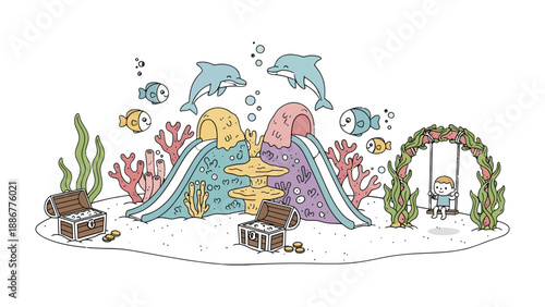 Enchanted Undersea Playground: Playful dolphins and whimsical sea creatures frolic in a vibrant illustrated scene. This image sparks imagination. 