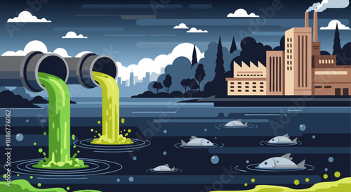 Environmental pollution vector illustration industrial waste contaminating water bodies with dead fish
