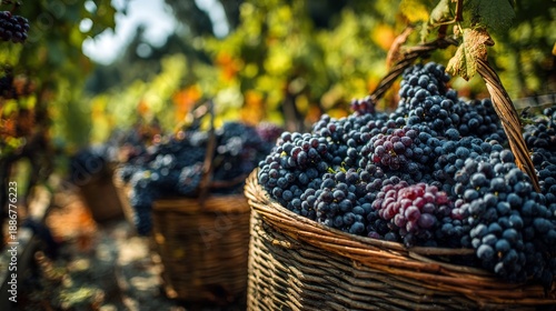 Wallpaper Mural Close-up of overflowing woven baskets filled with ripe, dark grapes in a vineyard during harvest season; rows blurry Torontodigital.ca
