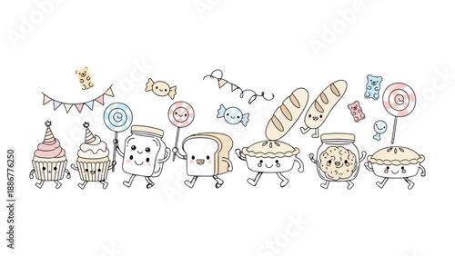 Whimsical Food Parade: An illustrated parade of delicious treats, each with a unique personality and charm, celebrates the joy of food. 